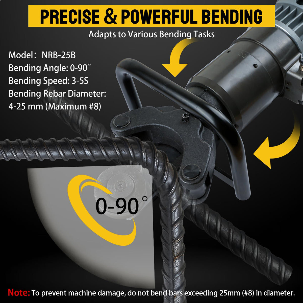 1800W Industrial Electric Hydraulic Rebar Bender & Straightener, 1” Handheld Portable Rebar Bending Machine,3-5s Fast Bending for 4-25mm (Max#8) Rebar,Bending Angle 0-90°,with Portable Toolbox,NRB-25B