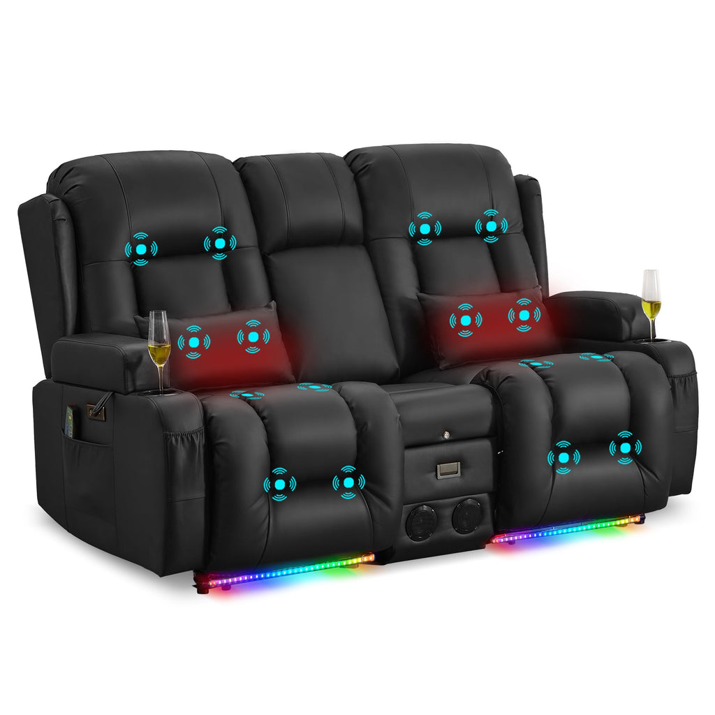 URRED Power Loveseat Recliner Sofa with Massage and Heat，Dark Brown