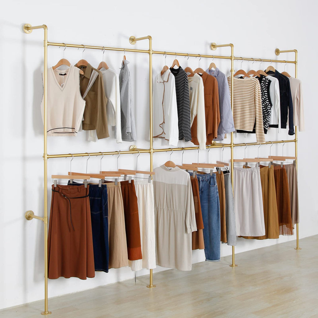Wall Mounted Industrial Pipe Clothing Garment Racks, Metal Clothing Store Display Stands Clothes Rack Multi-purpose Heavy Duty Hanging Rod for Closet Storage, 134in Gold