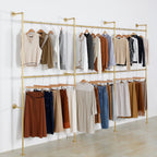 Wall Mounted Industrial Pipe Clothing Garment Racks, Metal Clothing Store Display Stands Clothes Rack Multi-purpose Heavy Duty Hanging Rod for Closet Storage, 134in Gold