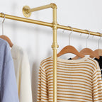 Wall Mounted Industrial Pipe Clothing Garment Racks, Metal Clothing Store Display Stands Clothes Rack Multi-purpose Heavy Duty Hanging Rod for Closet Storage, 134in Gold
