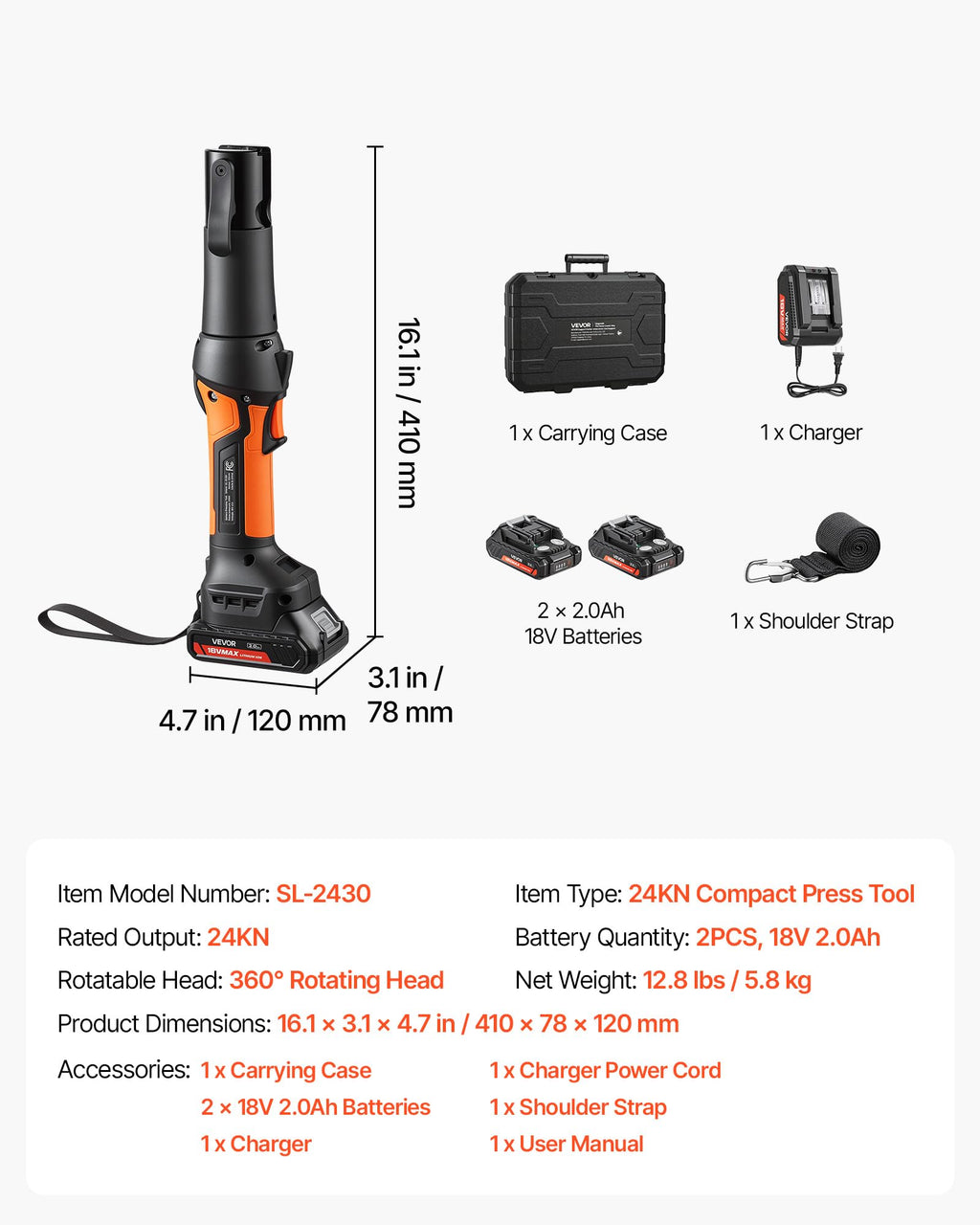 VEVOR Press Tool, 18V Electric Pipe Crimping Tool (JAWS NOT INCLUDED)