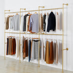 Wall Mounted Industrial Pipe Clothing Garment Racks, Metal Clothing Store Display Stands Clothes Rack Multi-purpose Heavy Duty Hanging Rod for Closet Storage, 134in Gold