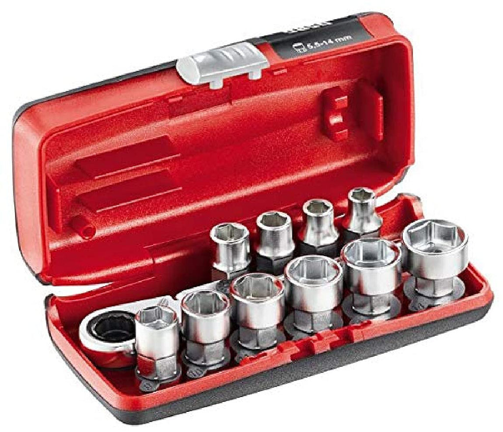 USAG U06100001-610 1/4" EFK - Assortment with short hexagonal sockets and reversible ratchet in bimaterial box (11 pcs.)
