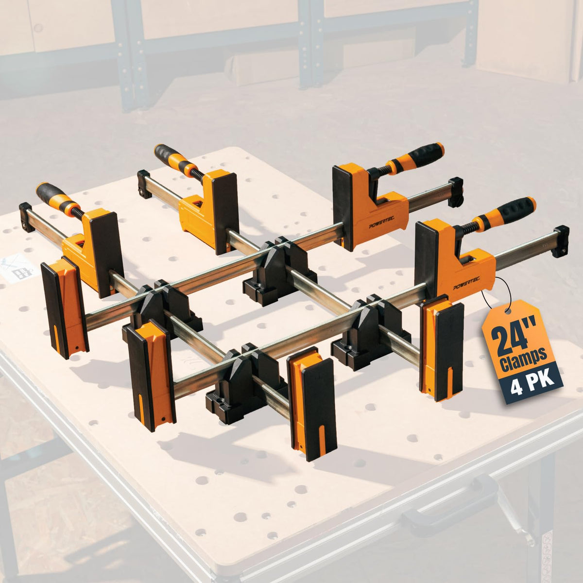 POWERTEC 72451 24" Woodworking Parallel Clamps Jaw Bar Clamp Spreader Tool 4PK, with 4PK Parallel Clamp Blocks - for Cabinet Door & Frame Gluing