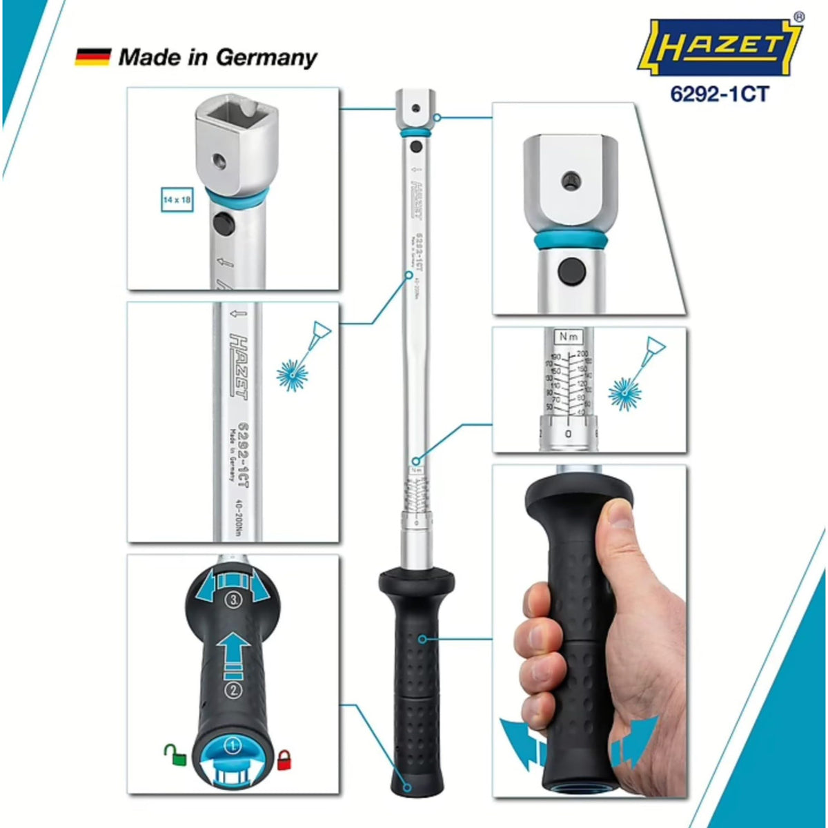 Hazet 6292-1CT Torque wrench 14x18, 40-200 Nm