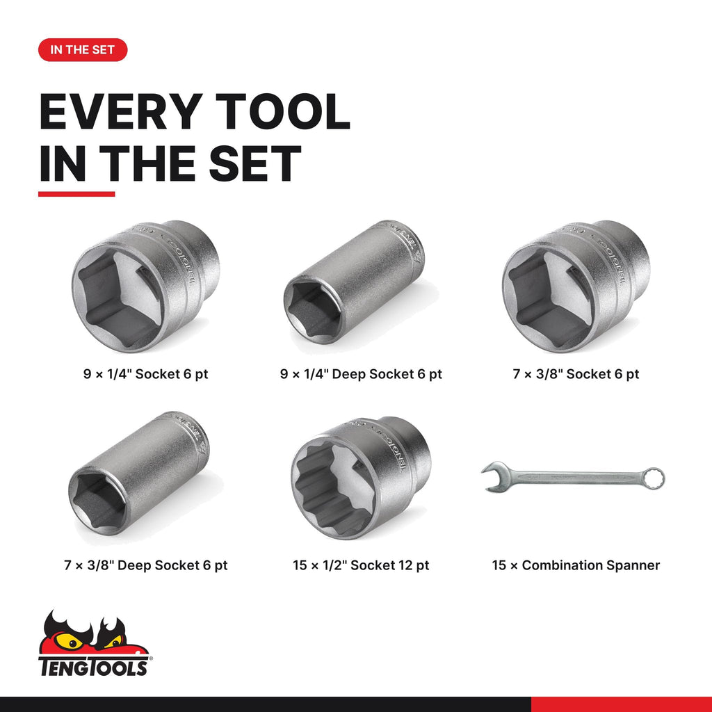 Teng Tools 62 Piece SAE Combination Wrench and Regular/Deep Mixed Drive Socket Set - TTEAF62, Silver