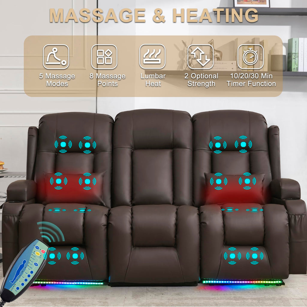 URRED Power Loveseat Recliner Sofa with Massage and Heat，Dark Brown