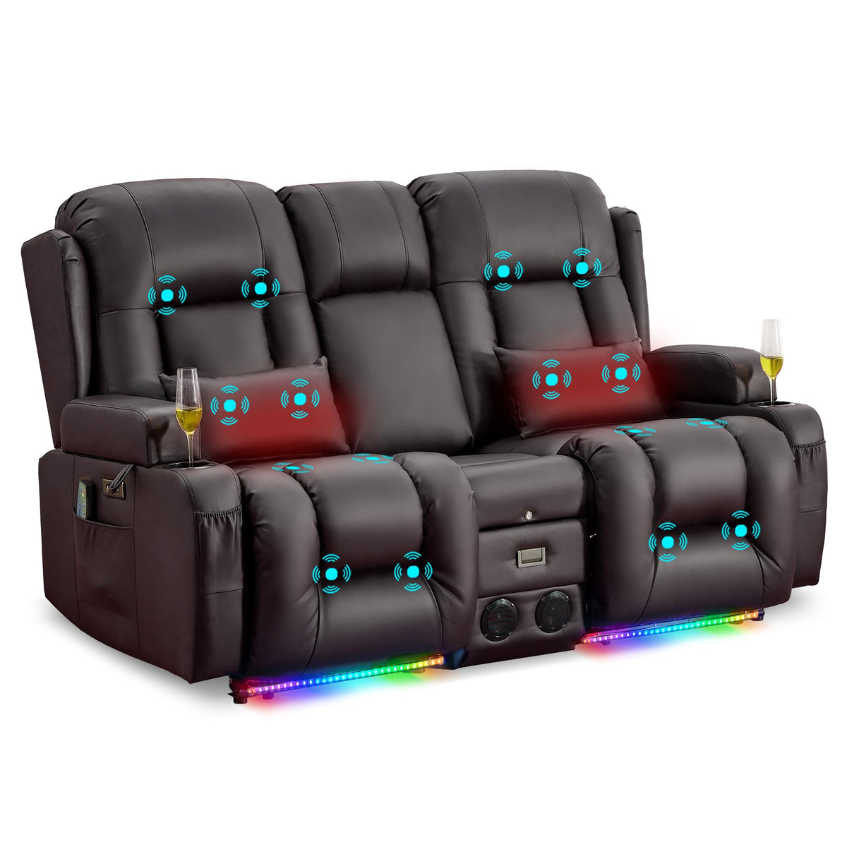URRED Power Loveseat Recliner Sofa with Massage and Heat，Dark Brown