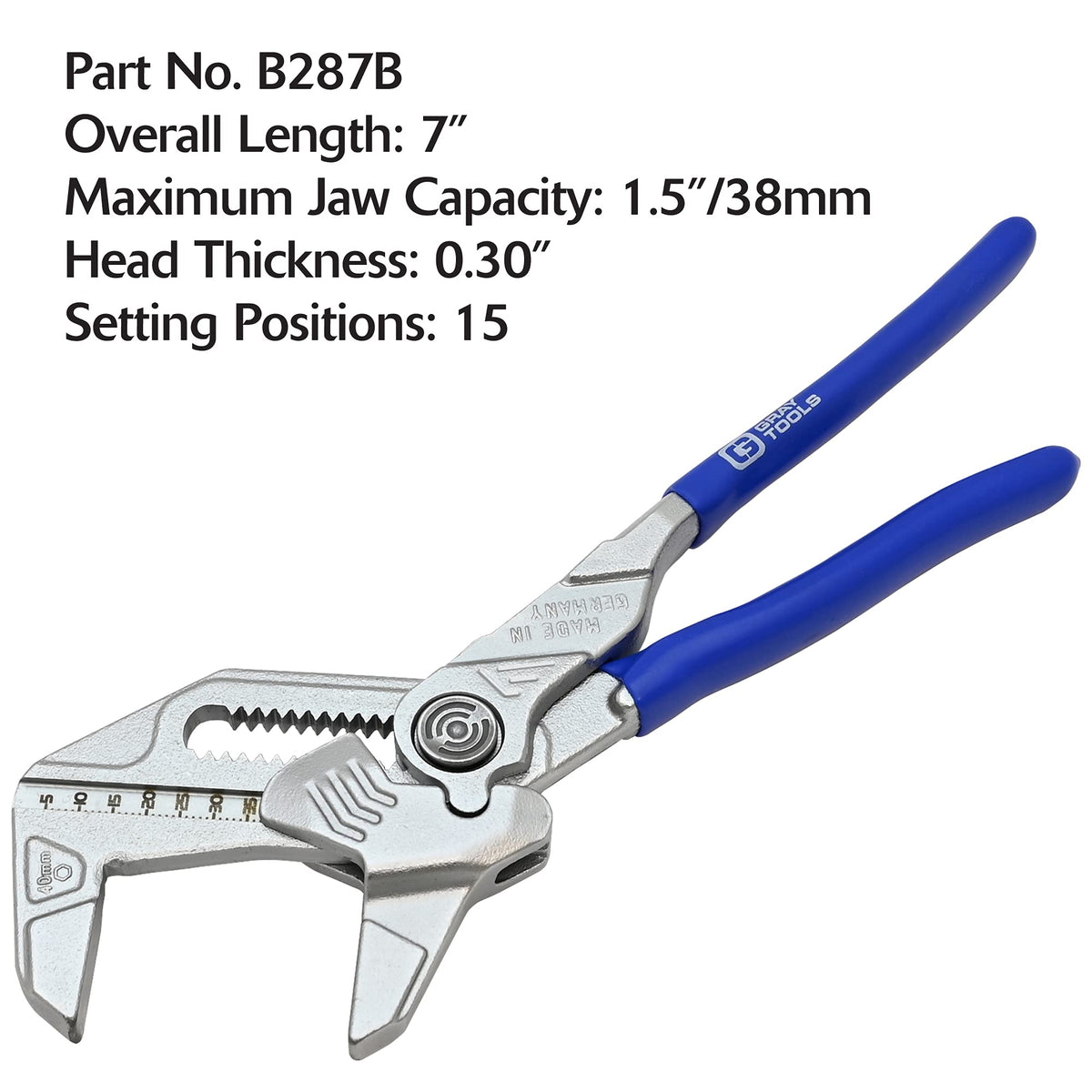 Pliers Wrench, Smooth Jaws, SAE and Metric Scales, Thin Profile, Made in Germany