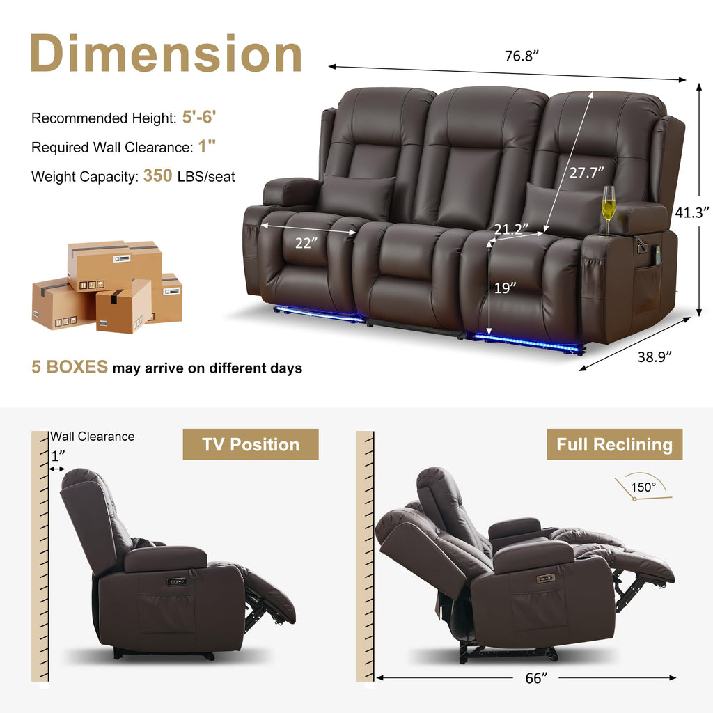 URRED Power Loveseat Recliner Sofa with Massage and Heat，Dark Brown