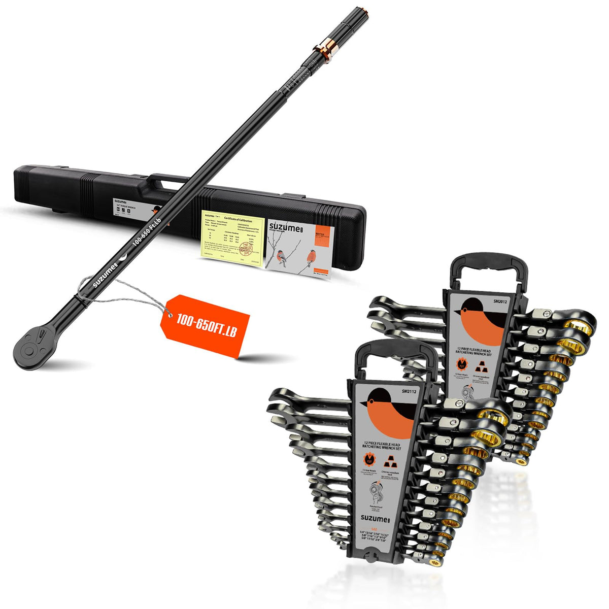 24-Piece Metric and SAE Flex Head Ratcheting Wrench Set & 3/4 Torque Wrench (100-800 Ft.Lb/ 135.6-1084.8 N.m)