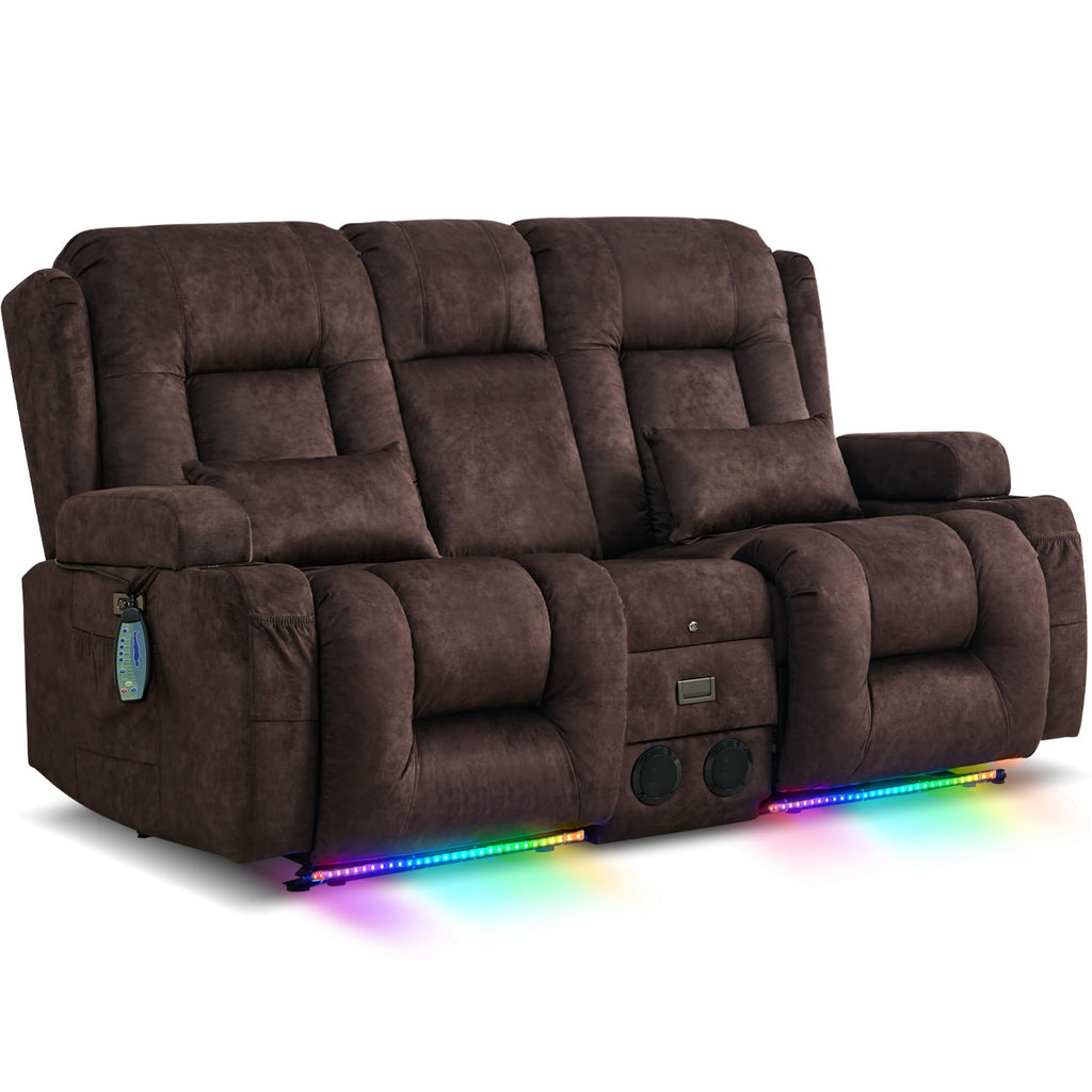 URRED Power Loveseat Recliner Sofa with Massage and Heat，Dark Brown