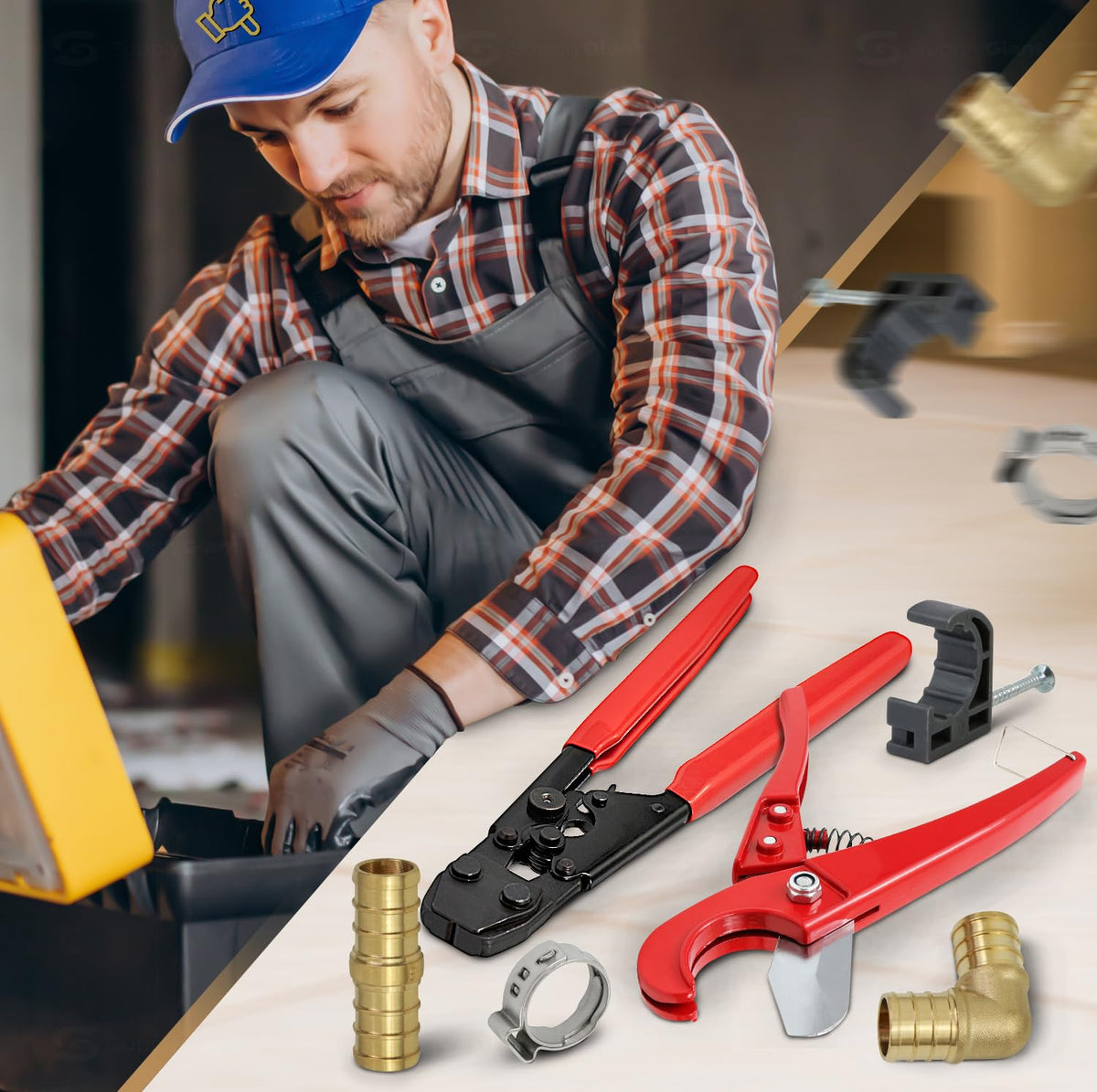 Pexflow Starter Kit for 1/2-In Pex with Crimper & Cutter Tools - Set includes Brass Elbow & Coupling Fittings, Cinch Clamps, Half Clamps, and 2 Rolls of 1/2-In X 100ft PEX Tubing