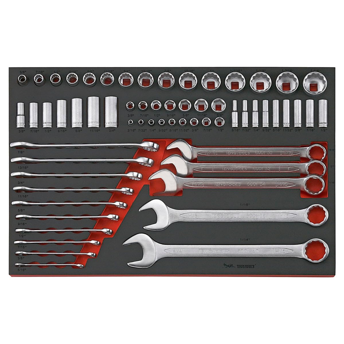 Teng Tools 62 Piece SAE Combination Wrench and Regular/Deep Mixed Drive Socket Set - TTEAF62, Silver