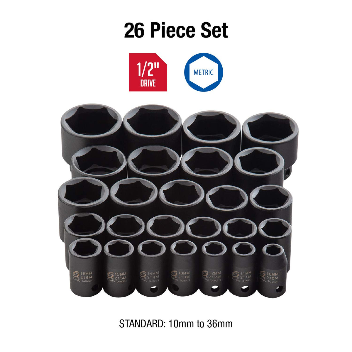 Sunex Automotive Repair Tool Bundle - 1/2 Inch Drive Impact Socket Set (26-Piece) + Impact Extension Set (4-Piece)
