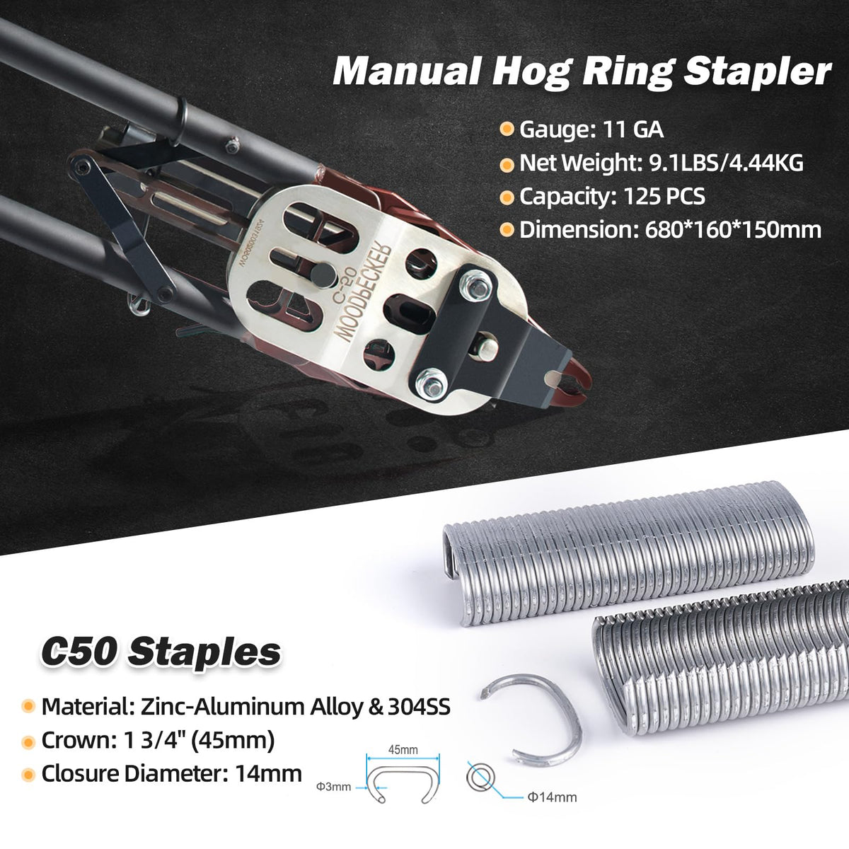 Woodpecker C50 11 Gauge Manual Snap Ring Plier 1-1/2-Inch Crown Fencing Tool Hog Ring Plier Hog Ring Gun 13-14mm Closure Diameter Manual C Ring Stapler for Wire Cages, Mattress, Gabion (C50)