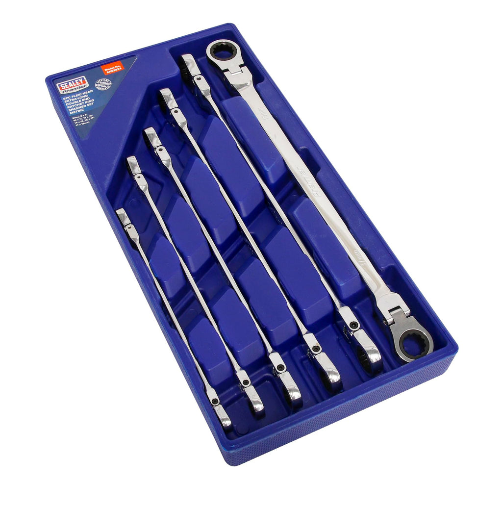 Sealey AK63832 Long Metric Flexi-Head Double End Ratchet Ring Spanner Set, 6 Pieces