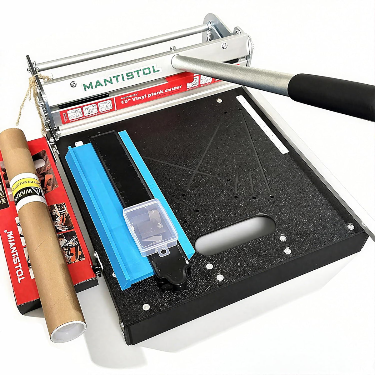 13" Rigid Core Vinyl floor Cutter family bucket, included a Replacement Blade; 3 pcs slotting blades (0.5inch, 1inch, 1.3inch) and 10 inch Contour Gauge.