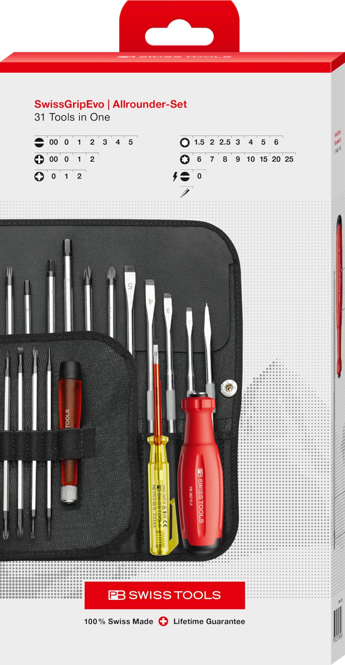 PB Swiss Tools 31-in-1 SwissGrip Evo Screwdriver Set PB 38515.LED CBB | 100% Swiss Made | 22 Interchangeable Blades Torx/Slotted/Hex/Phillips/Pozidriv/Awl, LED Voltage Tester