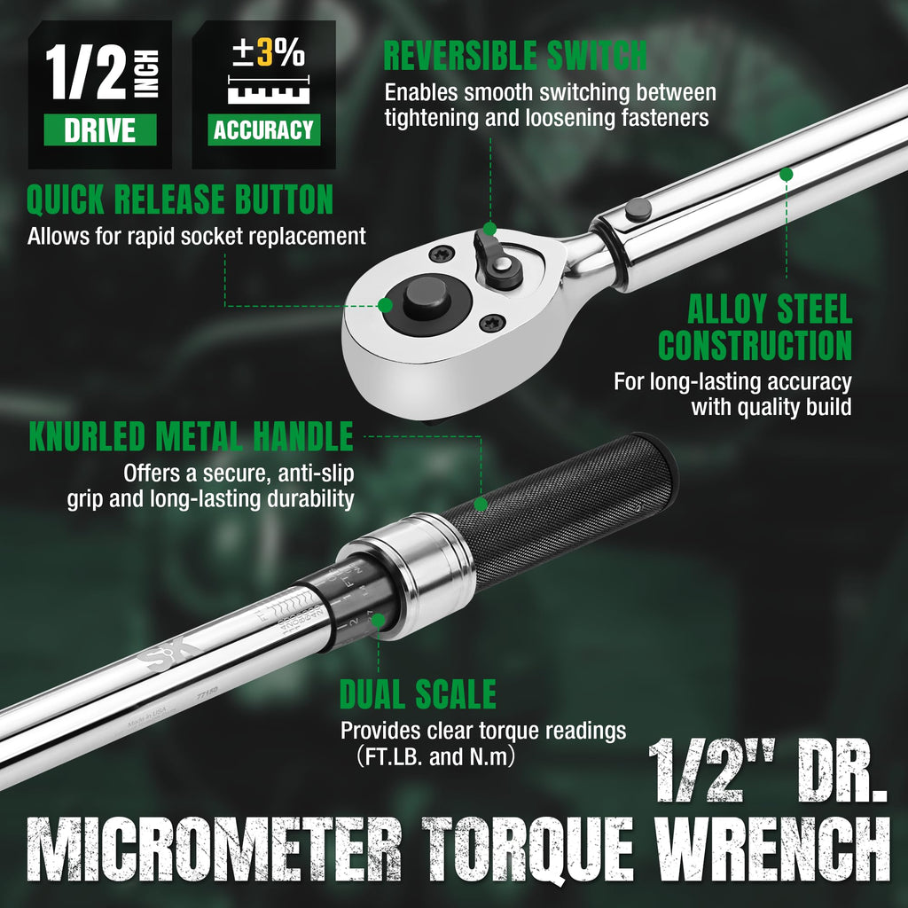 SK Tools USA 1/2" Drive Adjustable Torque Wrench Micrometer, 20-150 ft.lb.