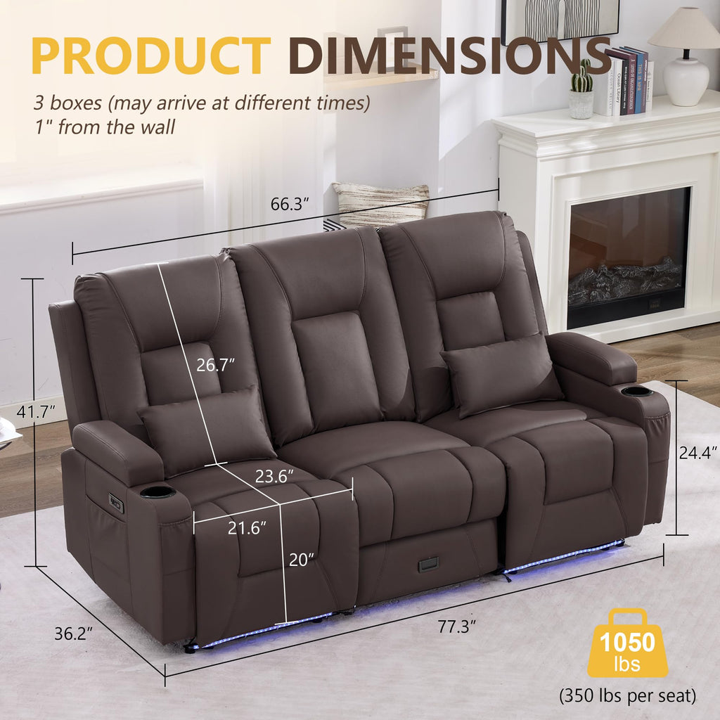 URRED Wall Hugger Power Reclining Loveseat Sofa，Dark Brown：77.3" - 3 Seats