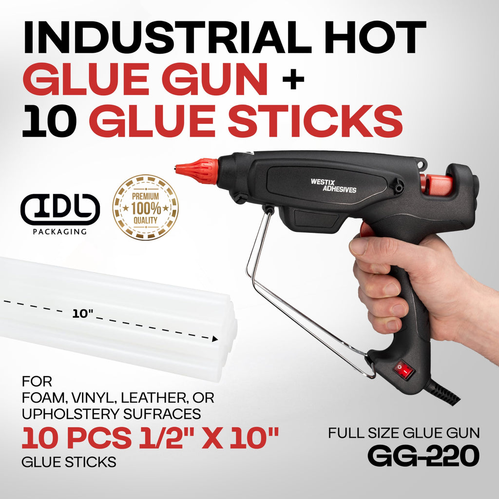 IDL Packaging GG-220 Industrial 200W Hot Glue Gun with 10 pcs Glue Sticks - 1/2" x 10" Full-Size Glue Sticks - Hot Glue Gun Kit for Variety of Surfaces: Foam, Vinyl, Leather, or Upholstery