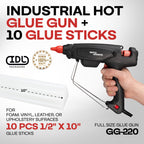 IDL Packaging GG-220 Industrial 200W Hot Glue Gun with 10 pcs Glue Sticks - 1/2" x 10" Full-Size Glue Sticks - Hot Glue Gun Kit for Variety of Surfaces: Foam, Vinyl, Leather, or Upholstery
