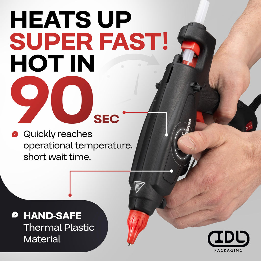 IDL Packaging GG-220 Industrial 200W Hot Glue Gun with 10 pcs Glue Sticks - 1/2" x 10" Full-Size Glue Sticks - Hot Glue Gun Kit for Variety of Surfaces: Foam, Vinyl, Leather, or Upholstery