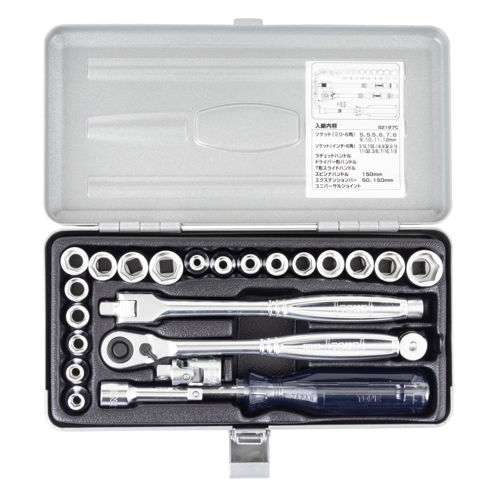 TONE S2187C 1/4" Drive SAE and Metric Socket Wrench Set w/Metal Case
