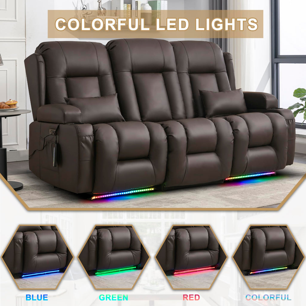 URRED Power Loveseat Recliner Sofa with Massage and Heat，Dark Brown