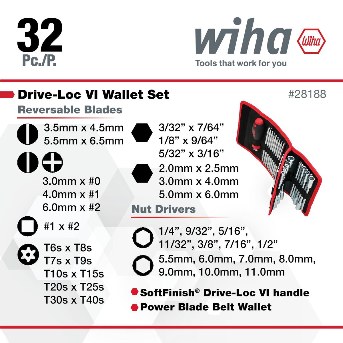 Wiha 28188 Drive-Loc VI Wallet Set, 32 Piece