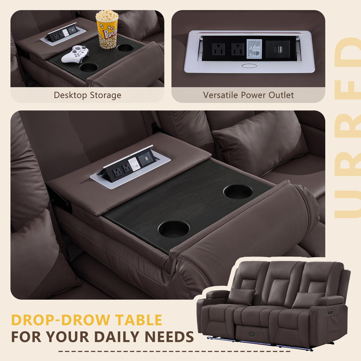 URRED Wall Hugger Power Reclining Loveseat Sofa，Dark Brown：77.3" - 3 Seats