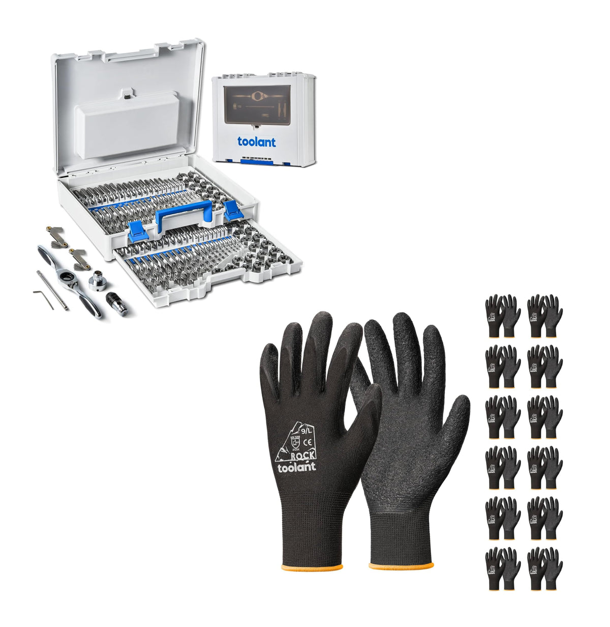 Toolant 127pcs SAE/Metric Tap and Die Set + Crinkle Latex Work Gloves Bulk