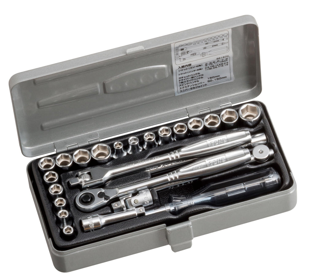 TONE S2187C 1/4" Drive SAE and Metric Socket Wrench Set w/Metal Case