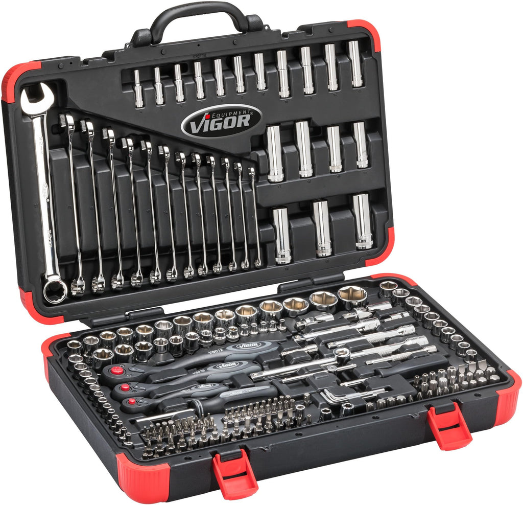 Vigor 1/4" 3/8" and 1/2" Combination Spanner Set, Bits and Socket Spanner for Professional and Home Use 216 Pieces V3277N