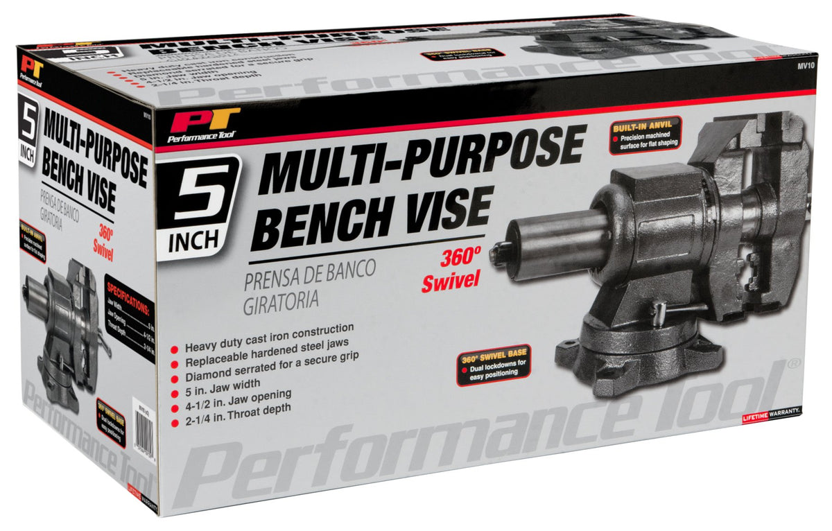 Performance Tool MV10 Hammer Tough 5-Inch Heavy-Duty Multi-Jaw Rotating Combination Pipe and Bench Vise with 360-Degree Swivel Base and Head