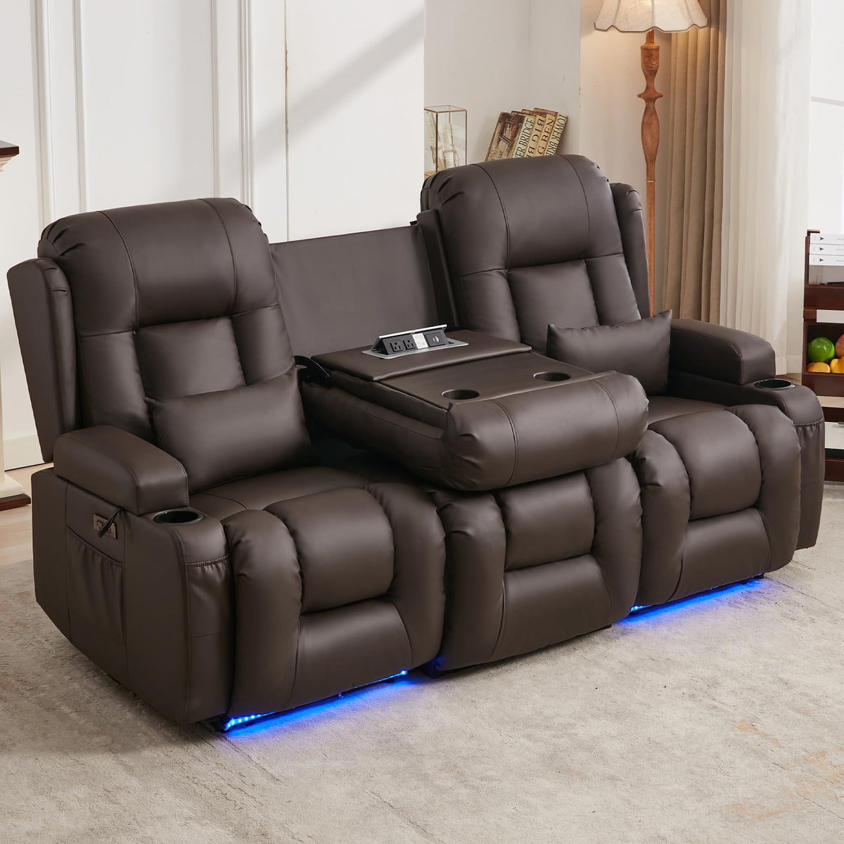 URRED Power Loveseat Recliner Sofa with Massage and Heat，Dark Brown