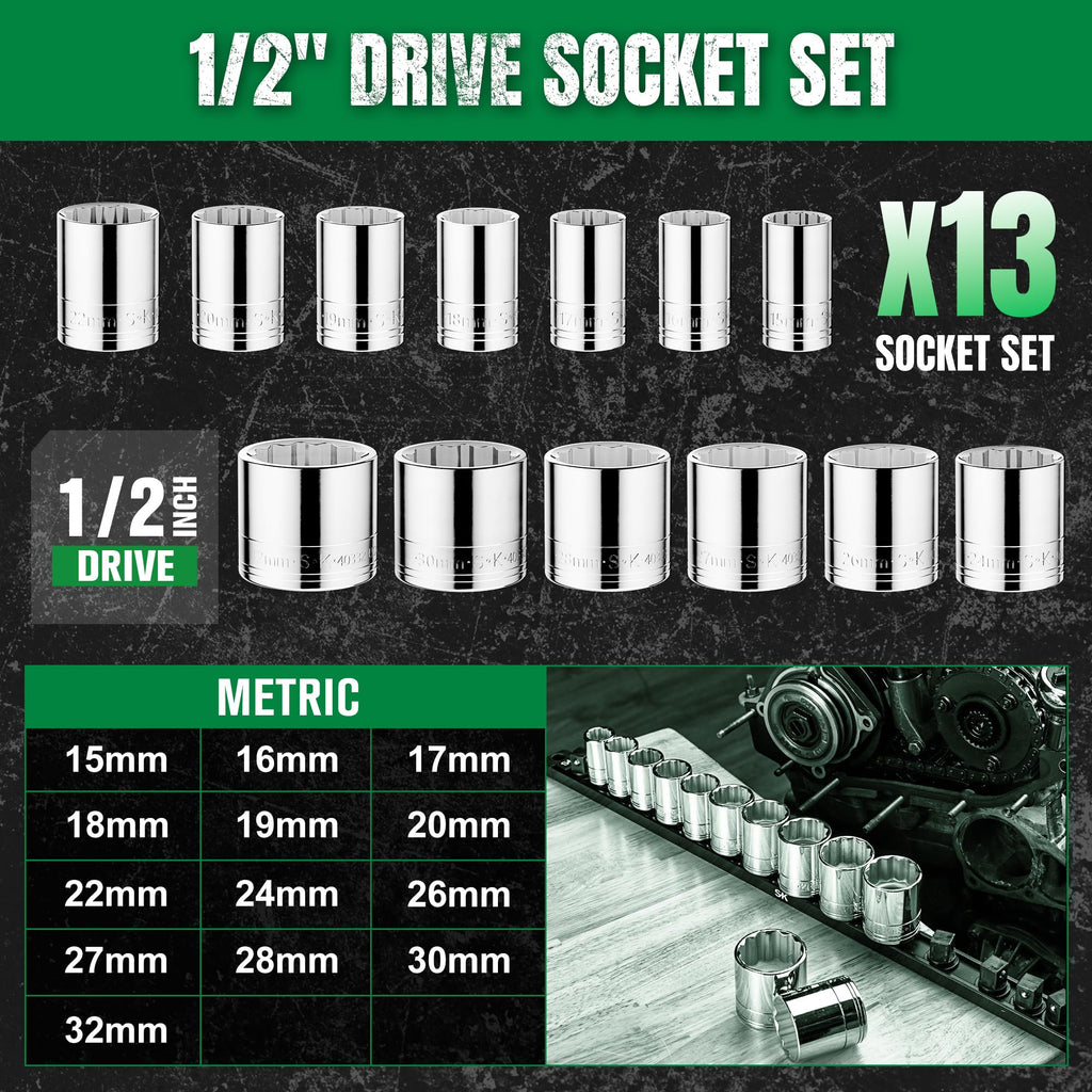 SK Tools USA 1/2" Drive Socket Set, Metric Sockets, 13-Piece 15-32mm