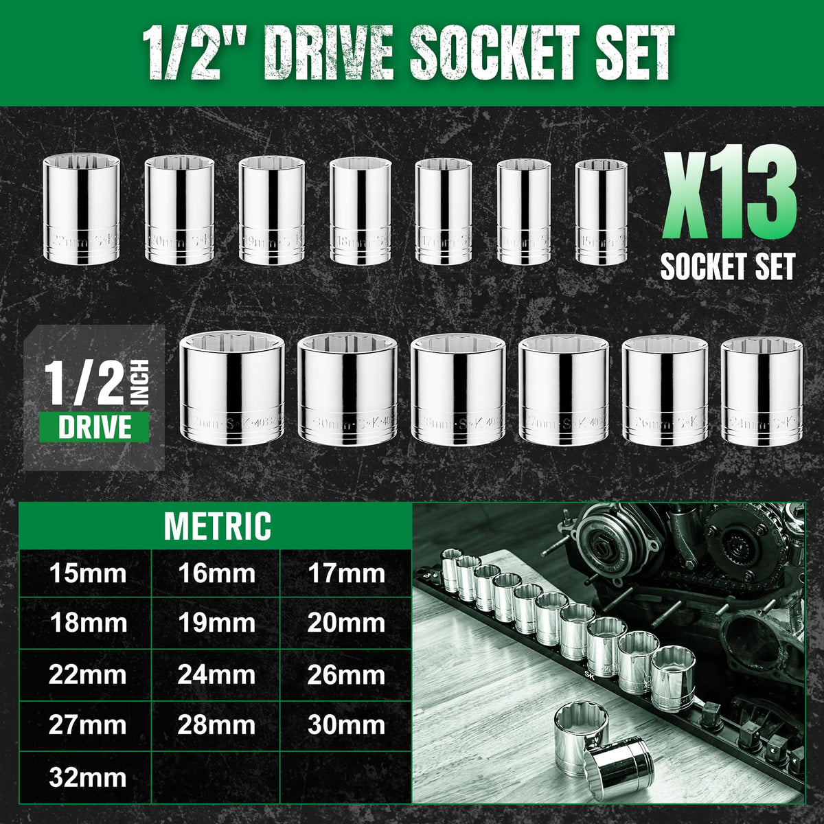 SK Tools USA 1/2" Drive Socket Set, Metric Sockets, 13-Piece 15-32mm